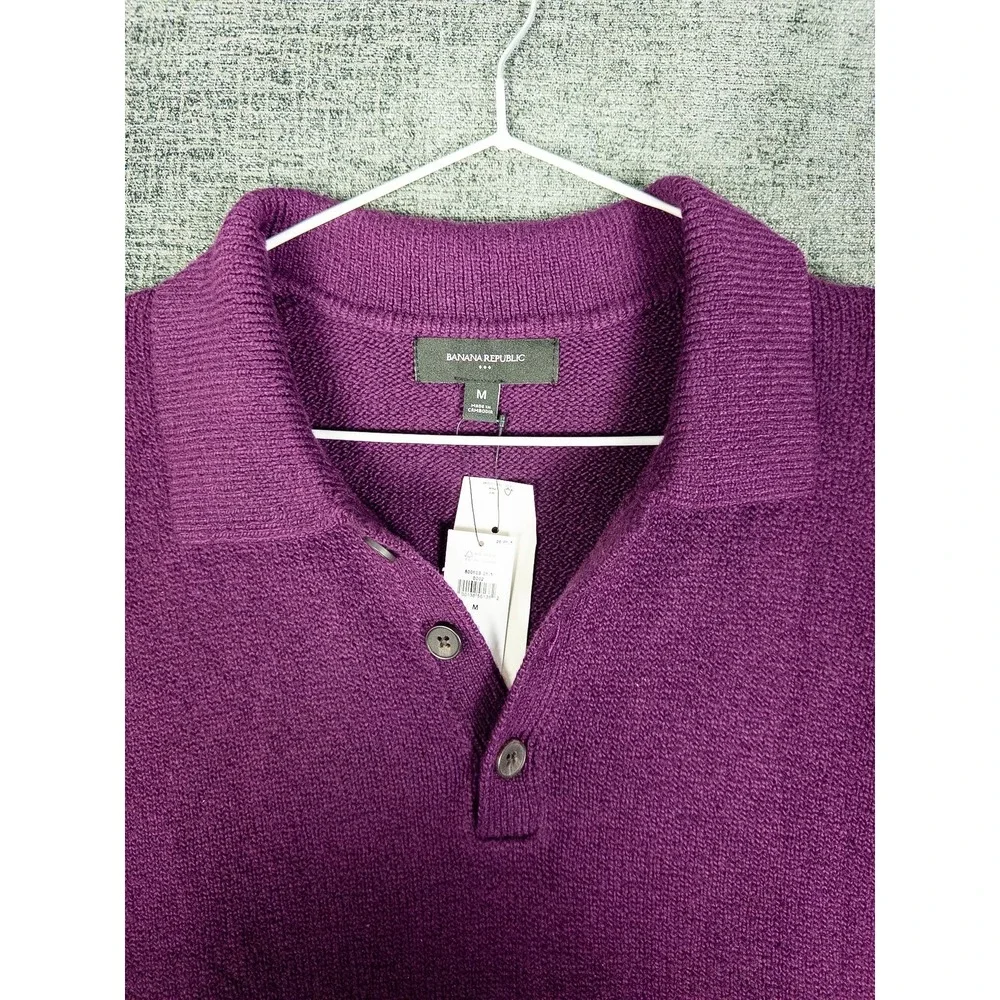 NWT Banana Republic Polo‎ Collar Button Knit Sweater Mens M Purple Cotton Preppy